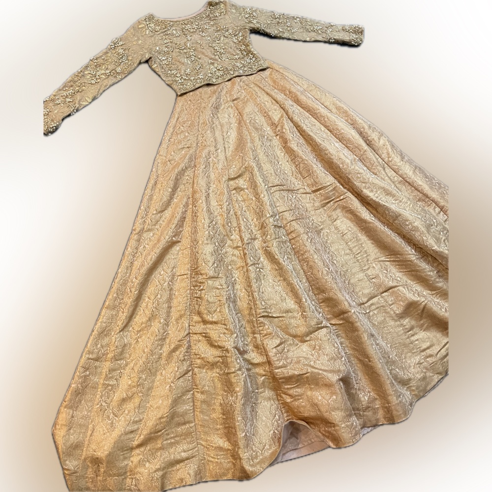 Beautiful Gold Lengha Two Piece Gold and Pearl Work Top and Silk Brocade Skirt